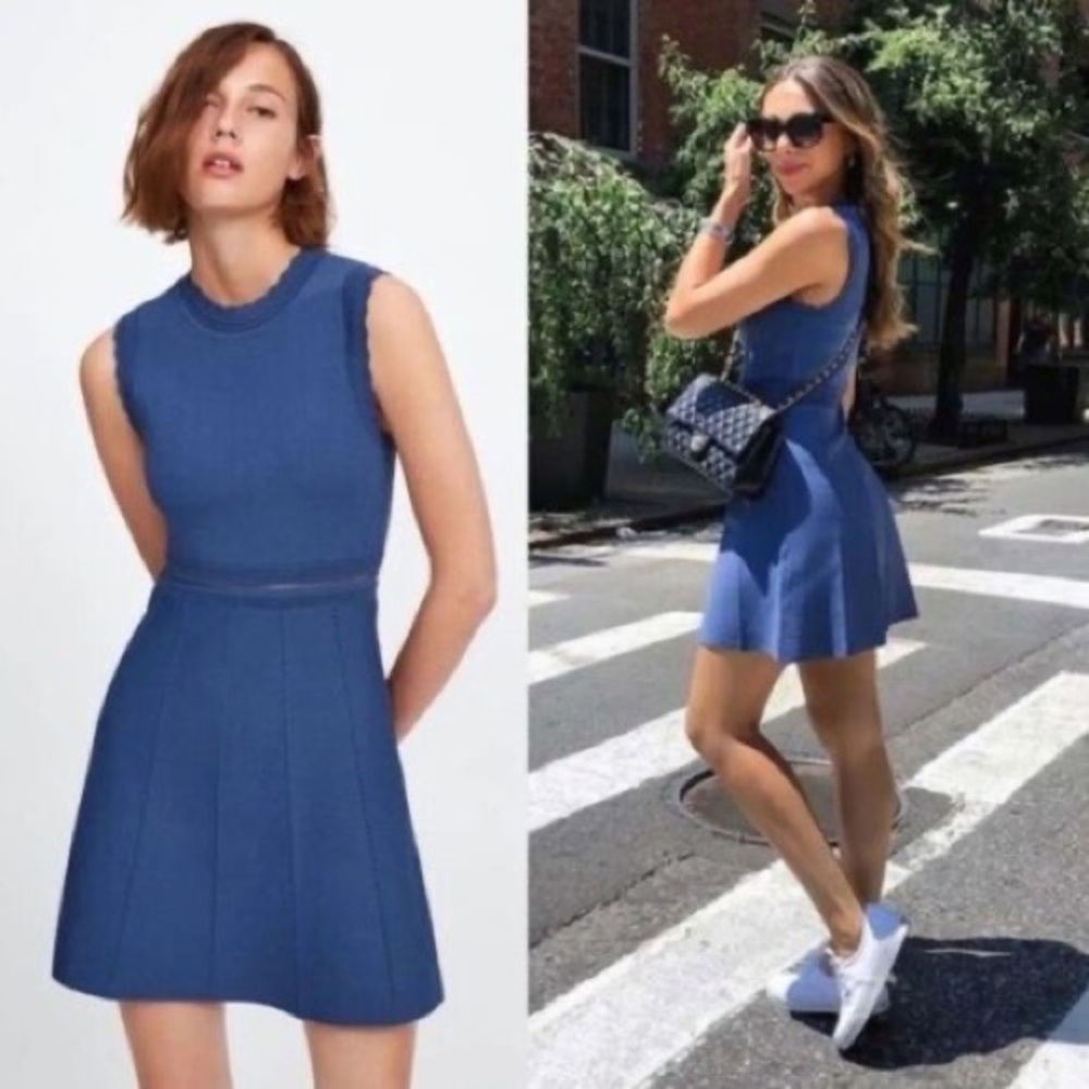 Zara Blue Sleeveless Knit Fit-and-Flare Dress
